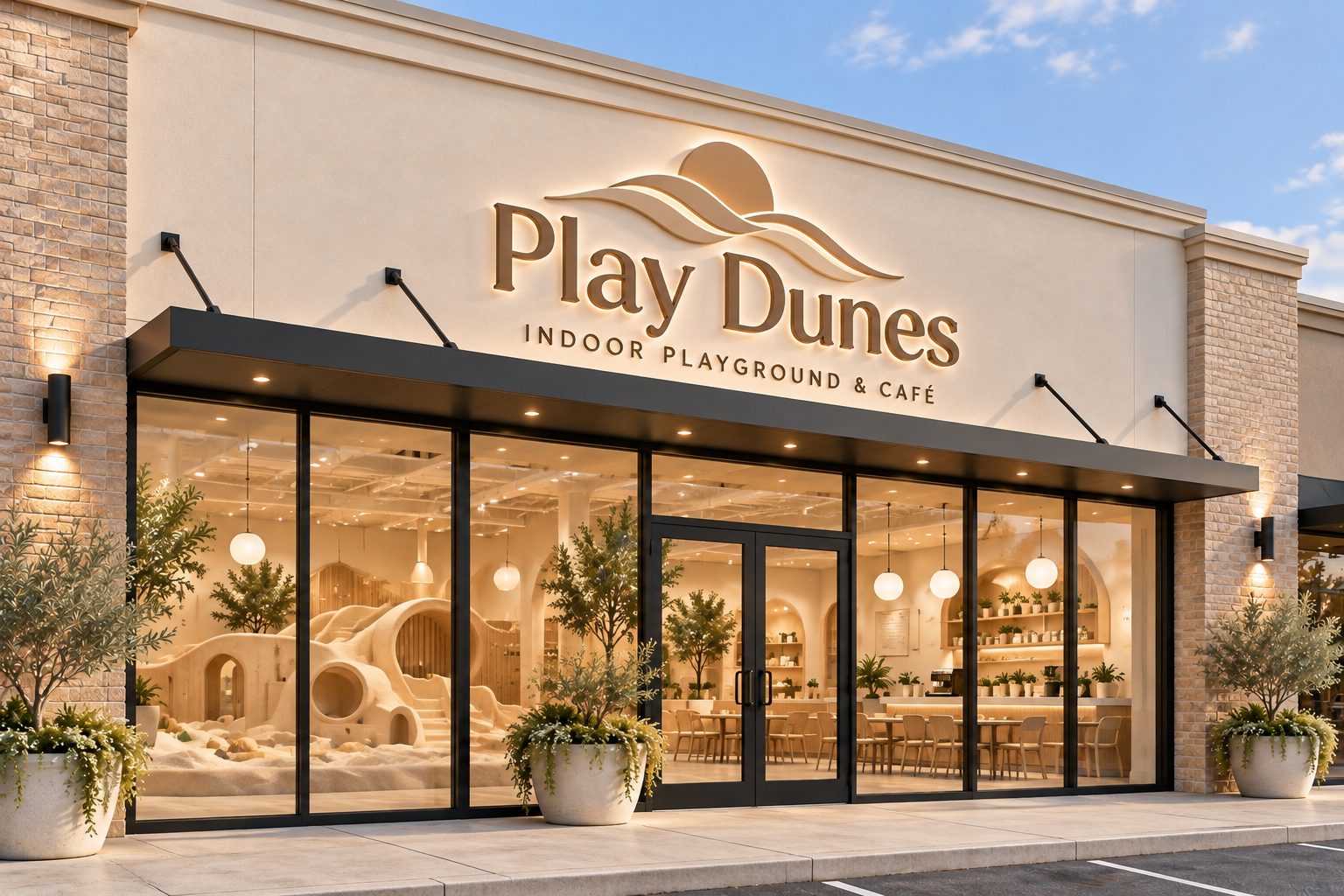Concept rendering of the Play Dunes storefront, with a sand play area on the left and the café counter on the right